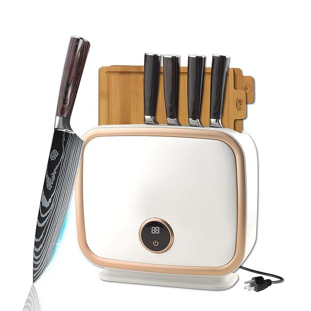 ChefHoablorn Kitchen Knife Block Set 4 Professional Damascus Knives,Beautiful Intelligent Knife Block 110V 70℃Hot Air Drying Cleanliness,with Raw Food Cooked Food Cutting Boards,4 Kitchen Utensils