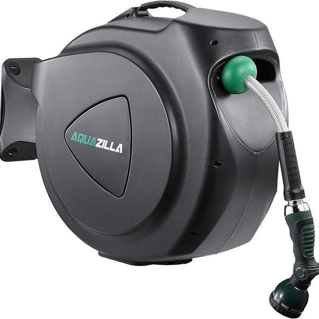 Retractable Garden Hose Reel, 100Ft x 5/8" Durable Wall Mounted Water Hose Reel with 180° Swivel Bracket, 9 Pattern Sprayer, 6Ft leader hose,Smooth Automatic Rewind, Any Length Lock.