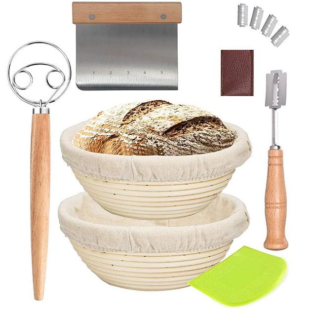 Bread Proofing Basket Kit, Bread Making Tools and supplies，9 Inch & 10 Inch Round Banneton Baking Dough Bowl , Natural Rattan sourdough starter set kit with Bread Lame +Danish Dough Whisk+ Dough Scraper + Linen Liner