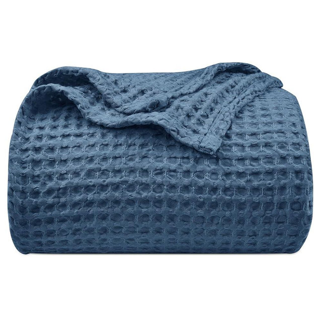 PHF Ultra Soft Waffle Weave Blanket King Size 104"x 90"- Washed Lightweight Breathable Summer Cozy Woven Blanket - Great for Couch Bed Sofa Home Car - Navy Blue
