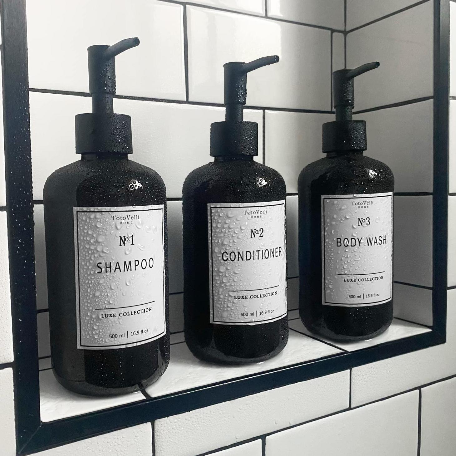 Refillable Shampoo and Conditioner Bottles - Empty Soap Dispenser Set of 5 (16.9oz) - Plastic Bathroom Shower Dispensers for Body Wash Lotion Hand & Dish Soap ( White Labels )
