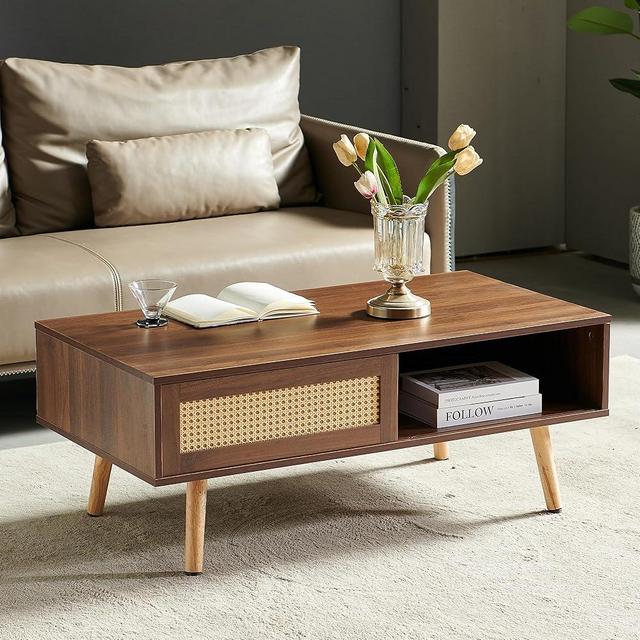 Ganooly Mid Century Modern Coffee Table with Storage, 41.3 Inch Rectangle Wooden Accent Center Tables with Sliding PE Rattan, Woven Door Panel and Solid Wood Legs, Suitable for Living Room, Apartment
