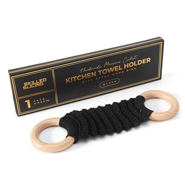 Handmade Crochet Dish Towel Holder for Kitchen & Bathroom, Decorative Boho Macrame Kitchen Towel Hanger Loop Ring Makes a Unique Gift for Birthday Thanksgiving Day 11 Inches (Black)