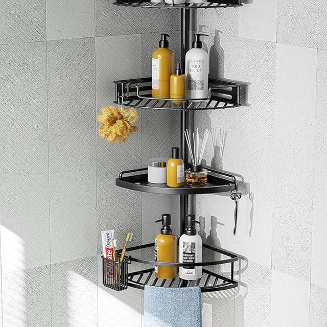 HAMITOR Corner Shower Caddy Tension Pole: Quick Installation 4-Tier Rustproof Bathroom Organizer Shelves for Bathtub Shampoo Storage - 47-121 inch Adjustable Floor Standing Bath Rack Holder - Black
