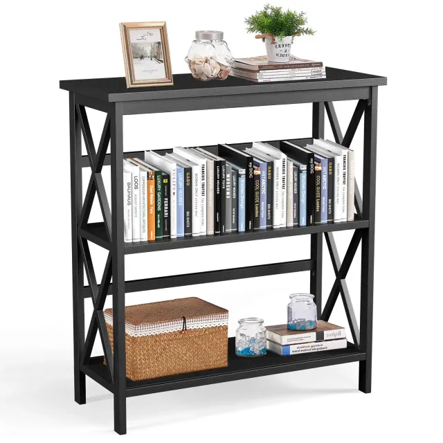 Costway Wooden Shelf Bookcase 3-Tier Open Bookshelf W/X-Design Freestanding Rack Black