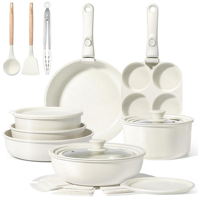 GiPP Ceramic Pots and Pans Set Non Stick, Nonstick Detachable Handle Cookware Sets, Healthy Non Toxic PFAS PFOA & PTFE Free, Dishwasher ＆Oven Safe, Induction Kitchen Pot and Pan, 21 Piece Cream