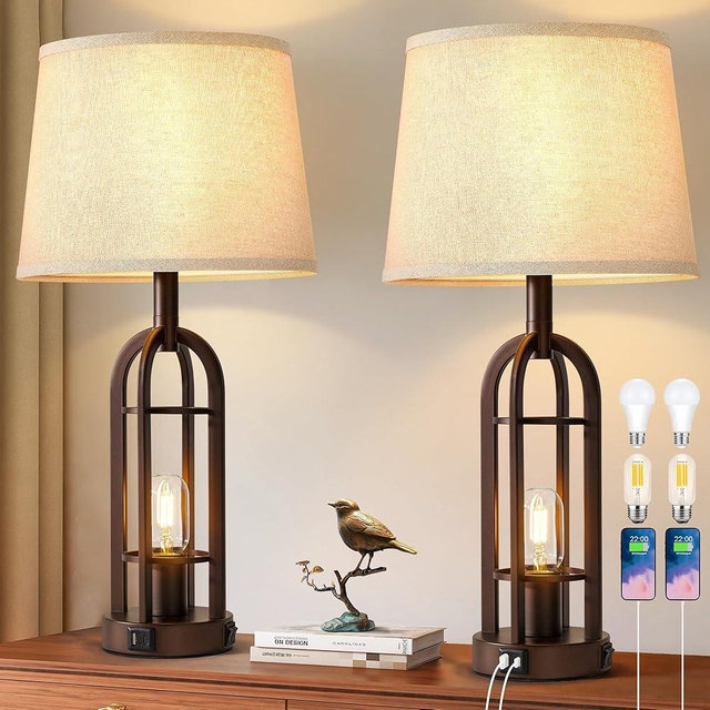 SRJJA Table Lamps for Living Room End Table Set of 2 - Farmhouse Industrial Bedside Lamps for Bedroom Nightstand with Nightlight and USB A+C, 4 Bulbs Included