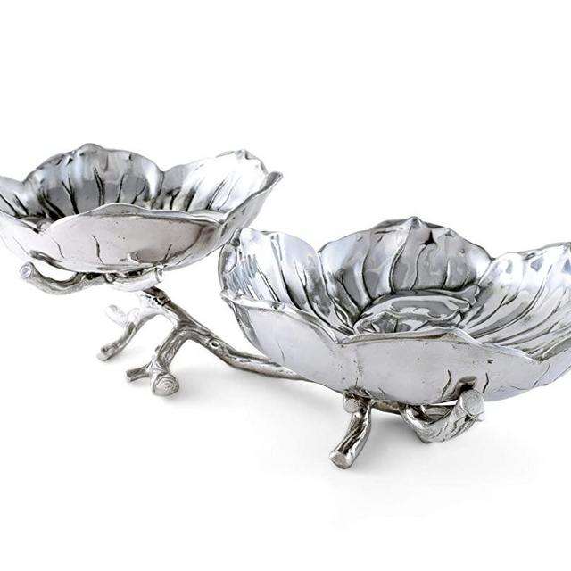 Arthur Court Designs Aluminum Magnolia 2-Bowl Serving Bowl 20" Across 6" Tall