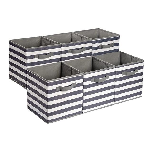 Amazon Basics Collapsible Fabric Storage Cubes Organizer with Handles, 10.5"x10.5"x11", White/ Light Grey Stripe - Pack of 6