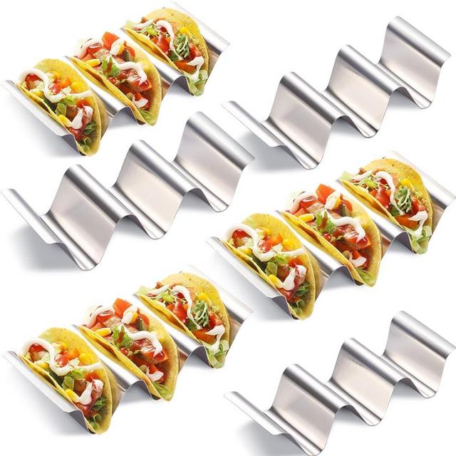 Taco Holder 6 Packs - Stainless Steel Taco Holders set of 6, Oven & Dishwasher & Grill Safe Taco Shell Tray, Each Metal Taco Stands for 3 Tacos, Stylish Taco Rack with Handles