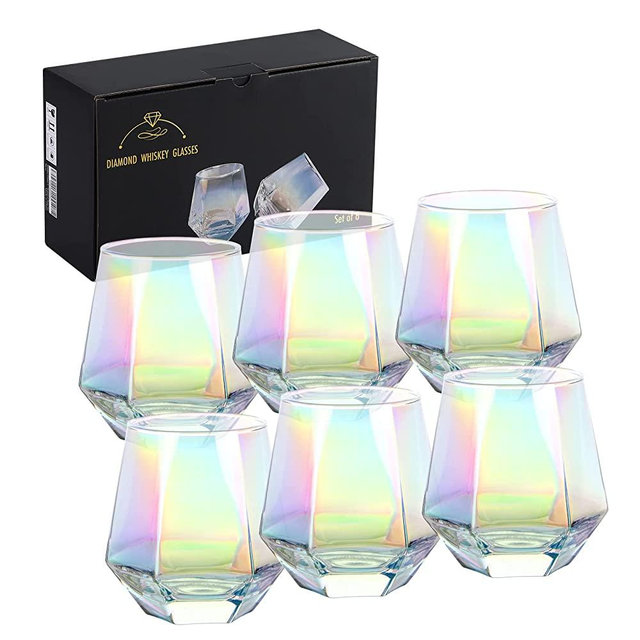 DIEWEISIMI Wine Glasses Set of 6 (11 Oz), Stemless Wine Glass for Red and White Wine, Iridescent Diamond Shaped Glassware for Whiskey, Cocktail, Best Gift Anniversary, Wedding, Housewarming, Birthday