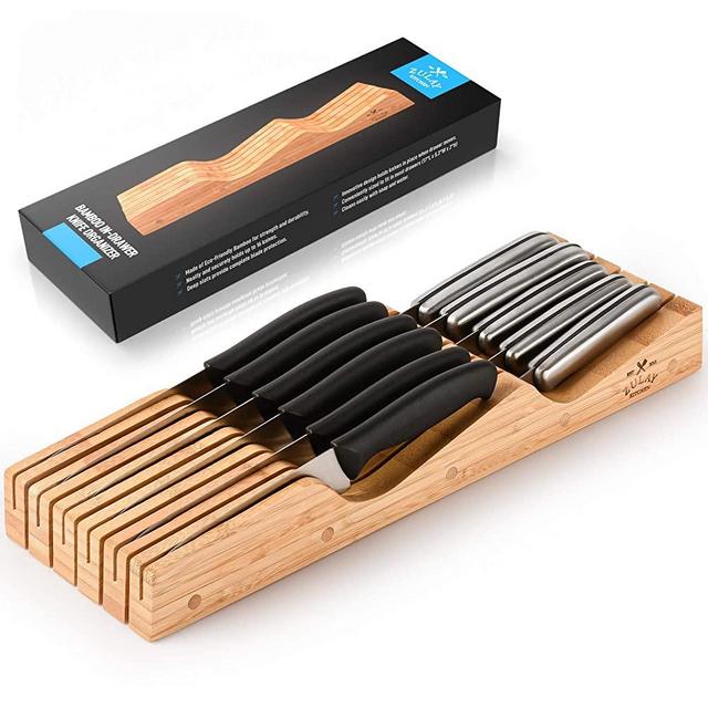 Zulay Kitchen Bamboo Knife Drawer Organizer Insert - Edge-Protecting Knife Organizer Block Holds Up To 16 Knives - Smooth Finish Drawer Knife Organizer Tray Fits In Most Drawers For Kitchen