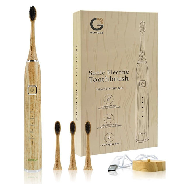 GUFICLE Sonic Electric Toothbrush with Bamboo Heads, Bamboo Electric Toothbrush for Adults, Smart Timer,Sonic Technology 38000 VPM, 4 Replacement Heads, 5 Modes, IPX7 Waterproof, 80-Day Battery Life