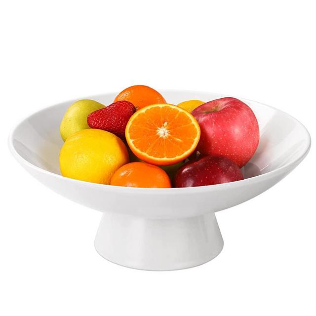 AKICTE Fruit Bowl,10 Inch Large Fruit Bowl For Kitchen Counter, Pedestal Ceramic Fruit Bowl For Table Countertop, Decorative Fruit Bowls For Home Decor，White