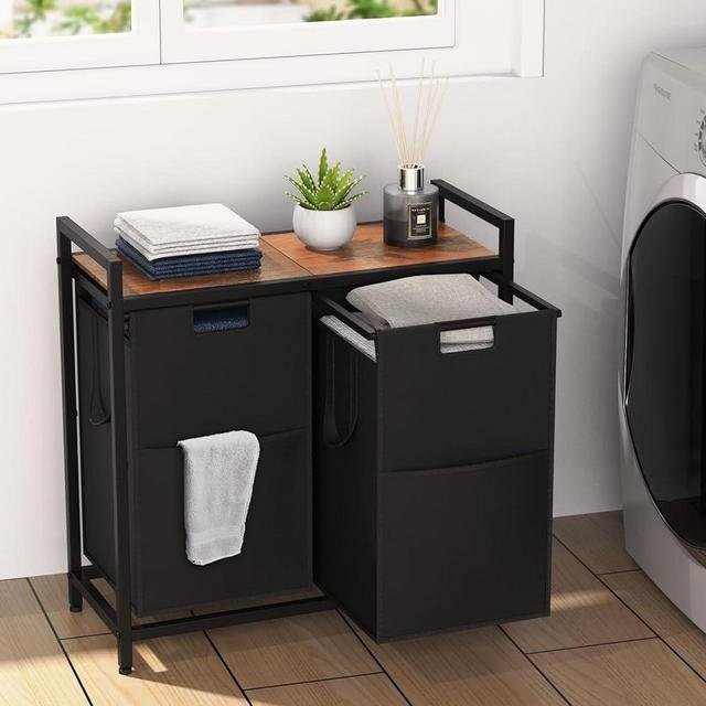 Laundry Hamper 2 Section with Shelf, Laundry Basket Organizer with 2 Removable Laundry Sorter Bags, 2 × 15.3 Gallons (116L) Laundry Organization and Storage for Laundry Room, Bathroom, Bedroom