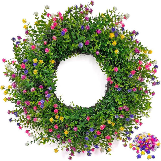 24 Inch Spring Wreaths for Front Door – Weatherproof 5-in-1 Multi-Color Farmhouse Flower Wreath with Interchangeable Extra Color Bag – Boxwood Greenery Floral Wreath for Home Décor Outdoor Indoor