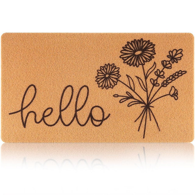 Fttoyoly Hello Spring Door Mat for Front Door Welcome Matt Outdoor with Wildflower Bouquet Doormat Indoor Entrance with Flowers, Perfect Home Floral Decor (Brown)