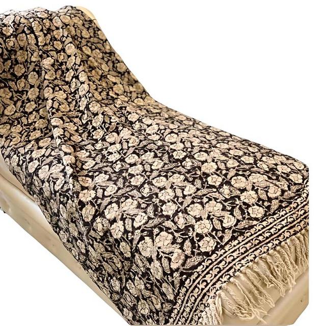 SARVAA Handmade Cotton Throw Blanket, Floral Block Print, Black and Beige Wrap, 47x71 inches Decorative Woven Throw with Tassels
