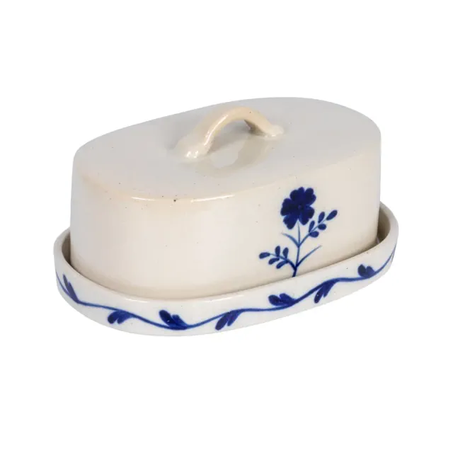 Storied Home Hand-Painted Stoneware Butter Dish with Flower, Blue and White
