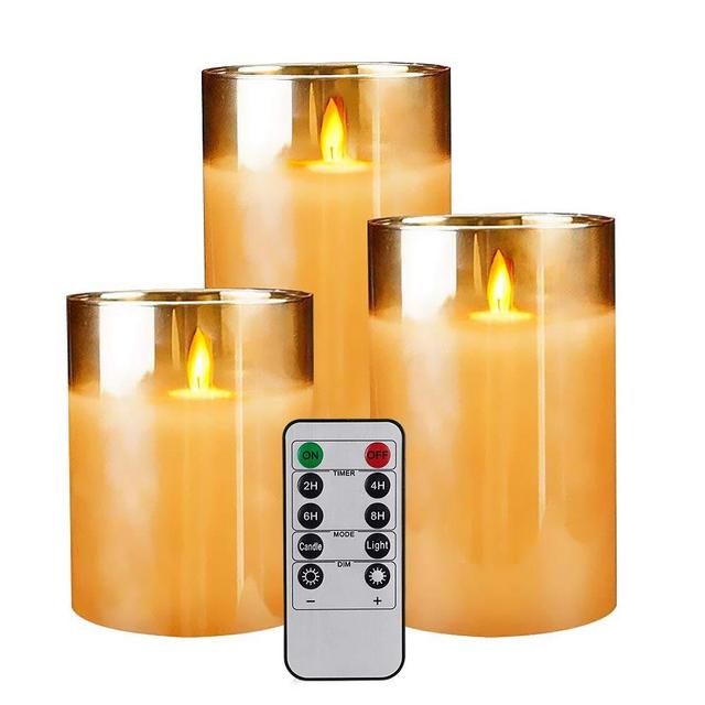 Led Flickering Flameless Candles Set of 3 Battery Operated Moving Wick Candle Luxury Glass Real Wax Remote Control Home Wedding Decor,4" 5" 6" Pack of 3