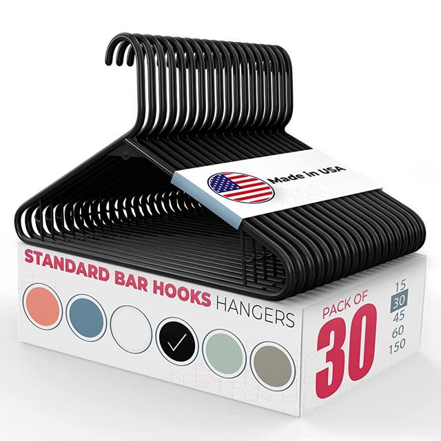 USA-Made Plastic Hangers Black (15, 30, 45, 60, 150 Packs) Standard Plastic Clothes Hanger with Hooks | Heavy Duty Coat Hangers Plastic, Closet Slim Bulk Non-Slip Adult Hangers (30 Pack)