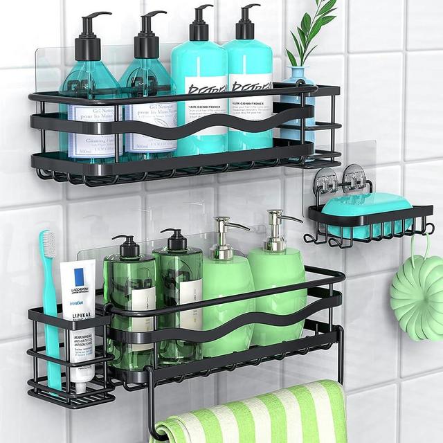 3Free 6 Pack Shower Caddy, Strong Adhesive Shower Organizer with Soap Holders No Drilling Shower Shelves, Rustproof SUS304 Stainless Steel Bathroom Shower Shelf for Inside Shower (Black)