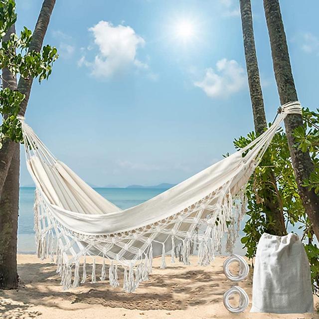 Macrame Fringe Hammock Boho Balcony Hammock Handmade Tassels Hammock 2 Person Double Hammock 480lbs for Home,Outdoor,Backyard,Beach,Patio