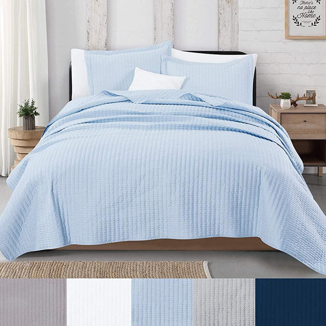 Great Bay Home 3-Piece Detailed Channel Stitch Quilt Set with Shams. Baby Blue Full/Queen Quilt Set, All Season Bedspread Quilt Set, Alicia Collection (Full/Queen, Baby Blue)