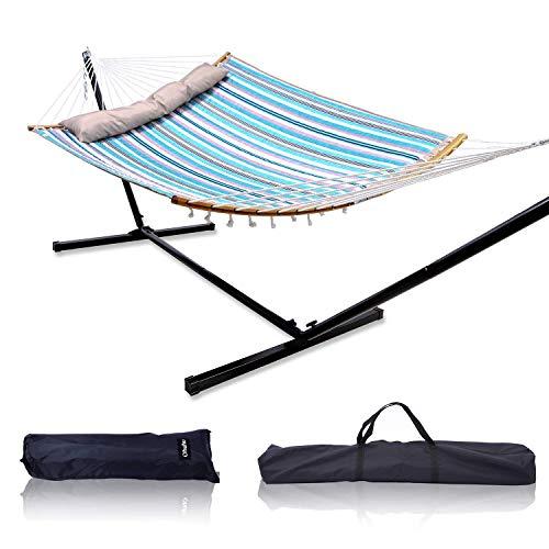 Ohuhu Double Hammock with 12.8 FT Hammock Stand, 55" x 75" Quilted Fabric Hammock Swing with Strong Curved-Bar Bamboo & Pillow, Stable Detachable Metal Stand, Bonus 2 Carrying Bag, Blue & White Strip
