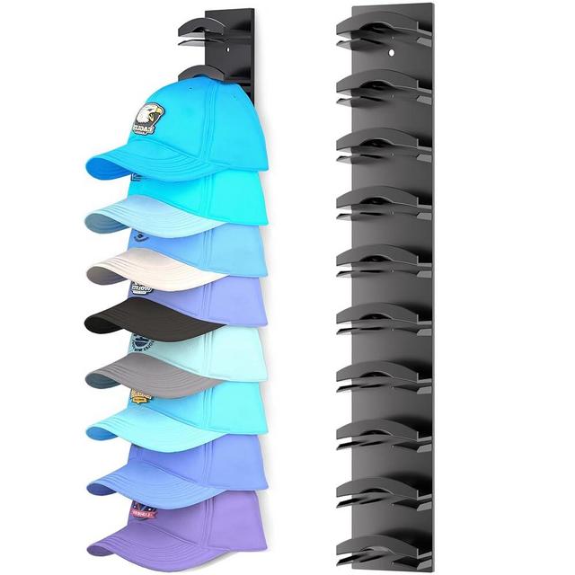 Hat Organizer for Baseball Caps, Hat Rack for Wall with Strong Adhesive Hold up to 10 Hats, Hat Hanger Holder Display for Door Closet, Cap Organizer Storage Multilayer Two Mounting Option(Black)