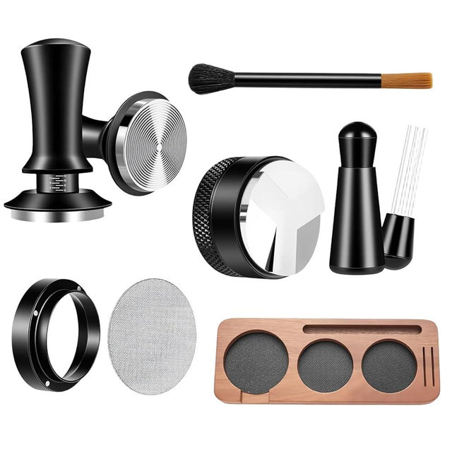 7 Pcs 51mm Espresso Tamper Tools Accessories Kit for Coffee WDT Tool Accessories Set Coffee Tamper Set with Wood Espresso Tamping Station Distributor Dosing Funnel Stirrer Brush Puck Screen -51mm