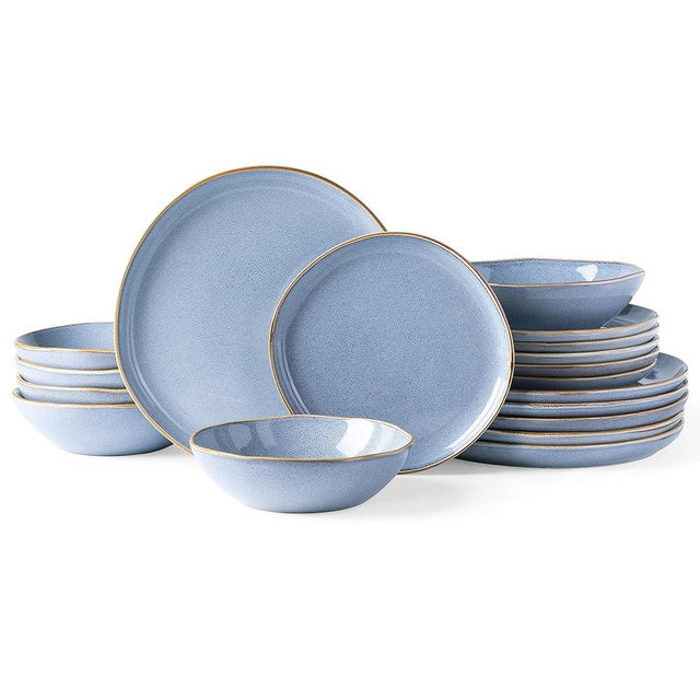 AmorArc Ceramic Dinnerware Sets,Handmade Reactive Glaze Plates and Bowls Set,Highly Chip and Crack Resistant | Dishwasher & Microwave Safe Dishes Set,Service for 8 (24pc)-Reactive Blue