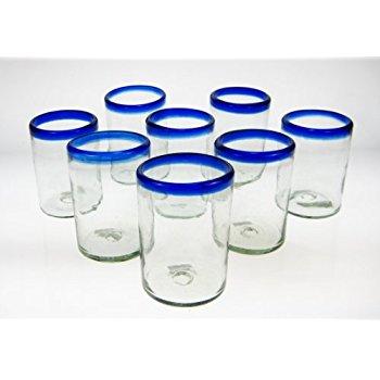 NOVICA Hand Blown Clear Blue Recycled Glass Tumbler Glasses,10 oz 'Cobalt Rings' (set of 6)