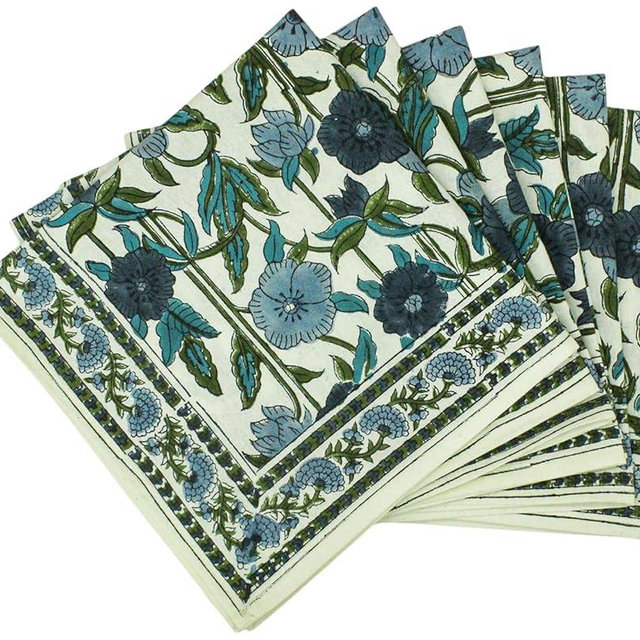 Handblock Printed Handmade 100% Cotton Napkins Set of 4 Pcs, Blue Green Washable and Durable Everyday Use Cloth Napkins for Picnic Party Dining Kitchen Home Decor Christmas Gifting 14 X 14 Inches