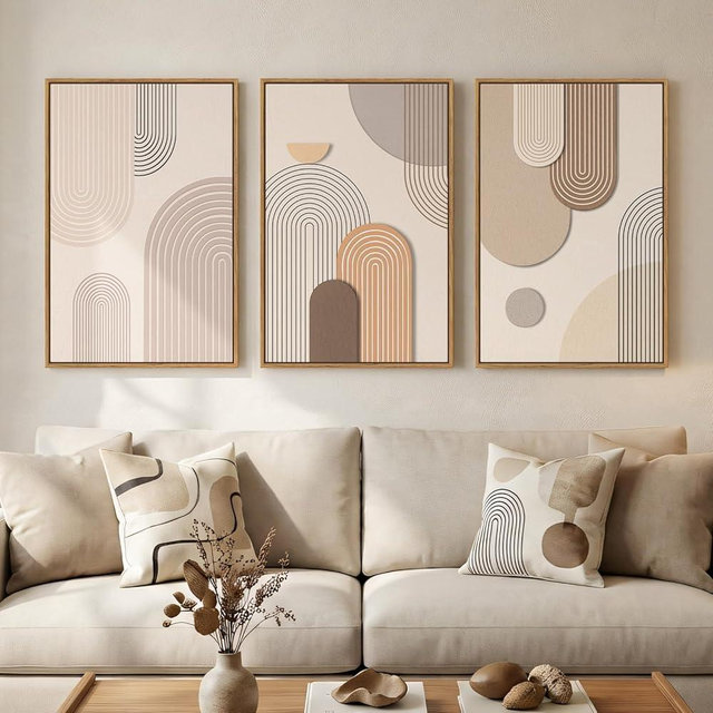 3 Piece Framed Neutral Boho Wall Art for Living Room, Large Minimalist Abstract Canvas Artwork for Walls, Mid Century Modern Beige Geometric Prints Paintings for Bedroom Hallway Wall Decor 16x24 Inch