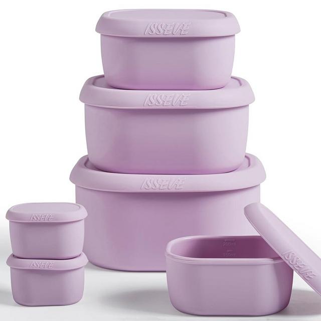 ISSEVE 6Pcs/Set Nesting Silicone Food Storage Containers with Lids, BPA Free Reusable Meal Prep Silicone Containers Airtight, Freezer Dishwasher Safe (33.8oz, 20oz, 10oz, 6.7oz, 1.3oz) (Purple)