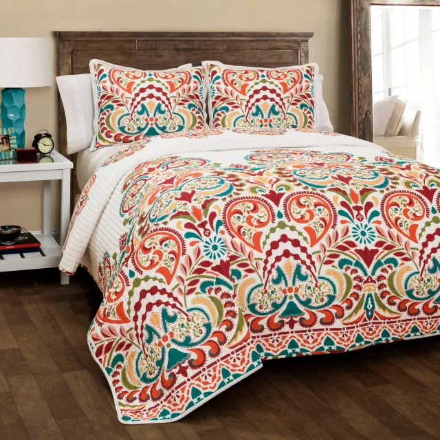 King 3pc Clara Quilt Set Lush Décor: Cotton Damask Reversible Bedding Set with Shams, Machine Washable