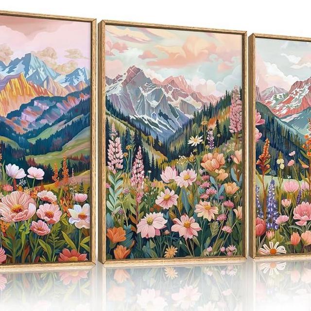 Aryroi Boho Vibrant Mountain Wildflower Framed Canvas Wall Art Set,Colorful Natural Flower Forest Wall Decor,Modern Pink Floral Botanical Landscape Artwork for Living Room,Office,Farmhouse- 16"x24"x3