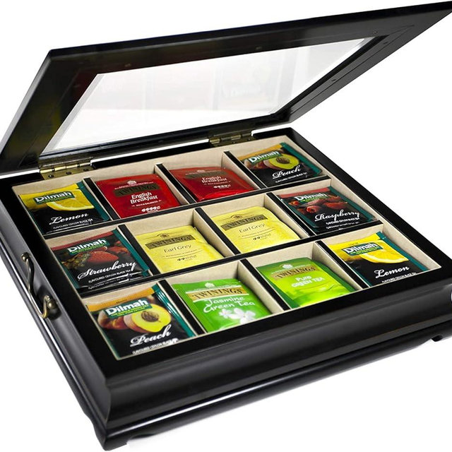Chez Monett Tea Chest 12 Compartments Tea Bag Large Storage Box with Beveled Glass Lid