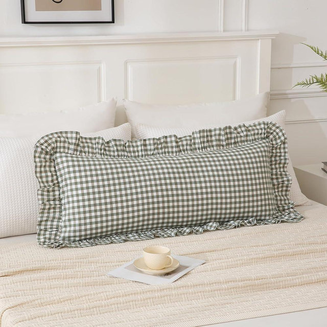 14x36 inches Sage Green Plaid Ruffle Lumbar Pillow Sham 1 Piece, Pure Cotton Gingham Decor Pillowcase French Country Vintage Cushion Cover for Bedding Couch