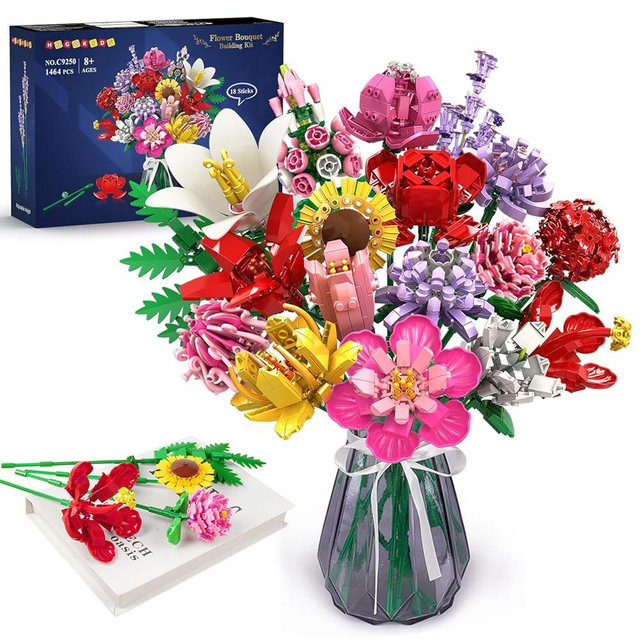 HOGOKIDS Flower Bouquet Set for Adults - Valentine 1461PCS Artificial Flowers Botanical Collection | 18 Sticks Decorative Home Plant Bouquet | Creative DIY Gift for Wife Girlfriend Mom Women Men