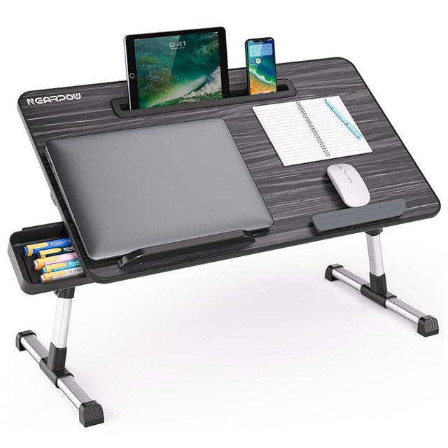 NEARPOW Laptop Bed Tray Table, Height & Angle Adjustable Portable Bed Table,Portable Computer Tray Laptop Stand for Bed W/Tablet Stand & Drawer, Foldable Lap Tablet Table for Sofa Couch Floor Writing