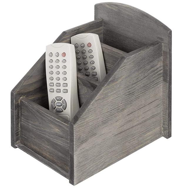 MyGift Rustic Dark Gray Wood 3-Slot Remote Control Caddy