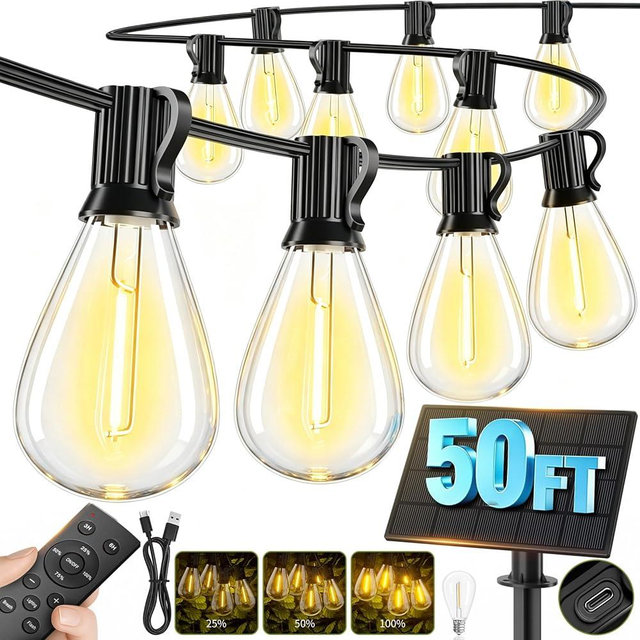 Sikitul 50FT Solar String Lights Outdoor Waterproof, 18+1 LED Solar Powered Lights with Remote Control, 3 Light Modes & Dimmable, USB-C Charging for Patio, Backyard, Garden, Camping