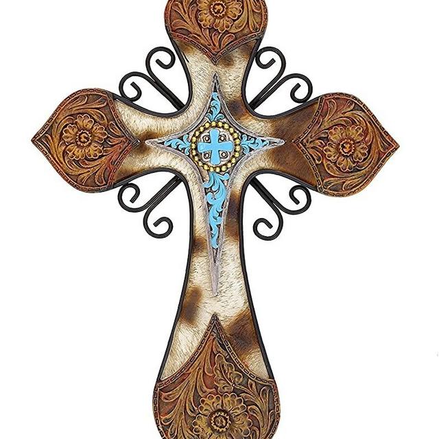 Cowhide Tooled Leather Cross with Turquoise Layer in Resin and Metal Combination