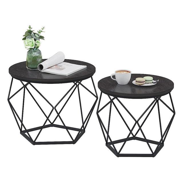 VASAGLE Small Coffee Table Set of 2, Round Coffee Table with Steel Frame, Side End Table for Living Room, Bedroom, Office, Black