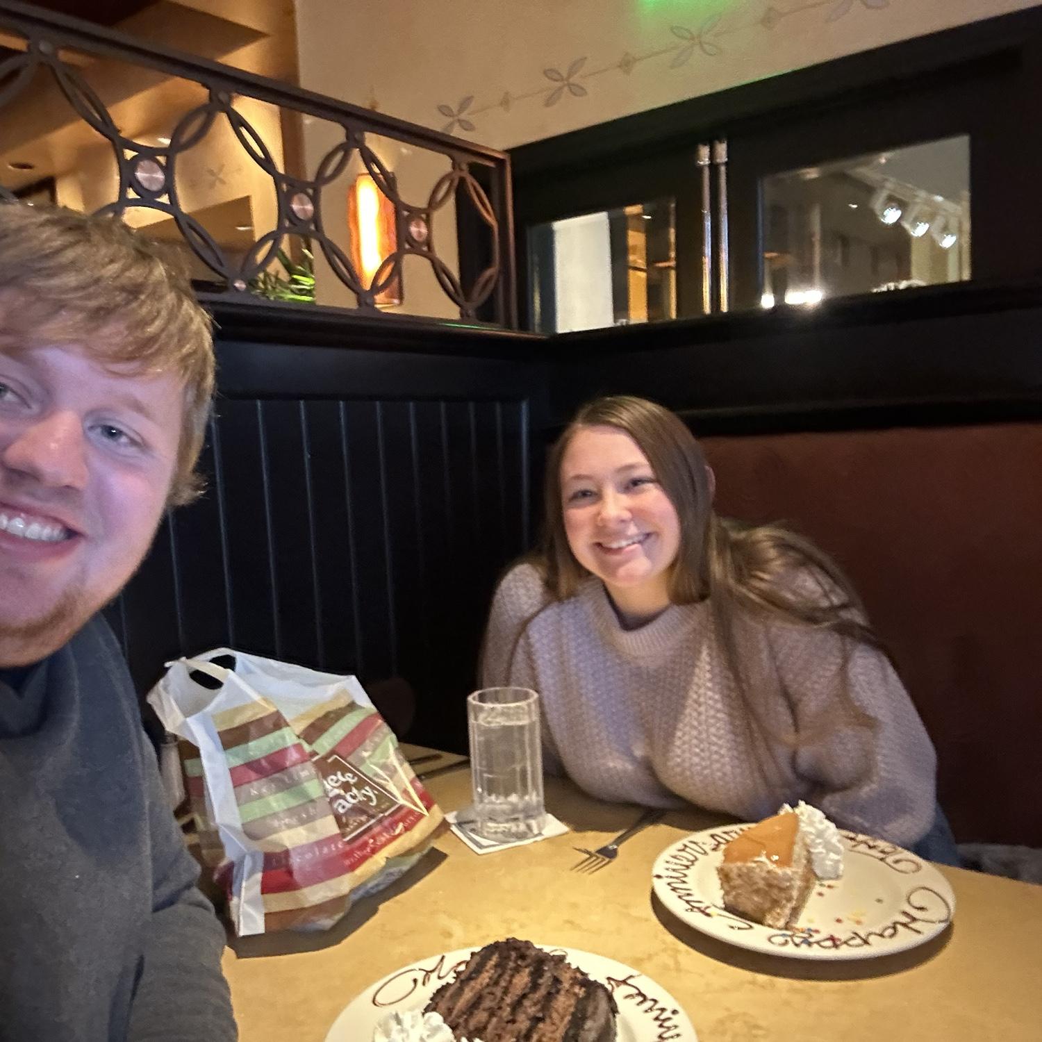 Dinner at the Cheesecake Factory, this picture was taken 2 hours before Caleb proposed to Sabrina!