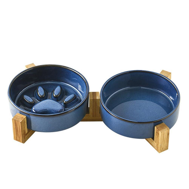 SOUJOY Ceramic Dog Bowl Set with Wood Stand, Non-Slip Pet Food and Water Bowl, 21oz Matte Glaze No Spill Cat Feeding Dish for Small, Medium, Large Sized Dog