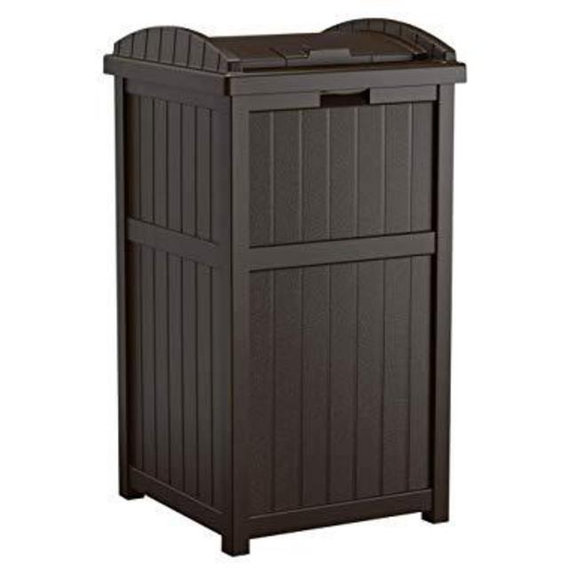 Suncast 33 Gallon Patio Resin Outdoor Hideaway with Lid Trash Can, Brown