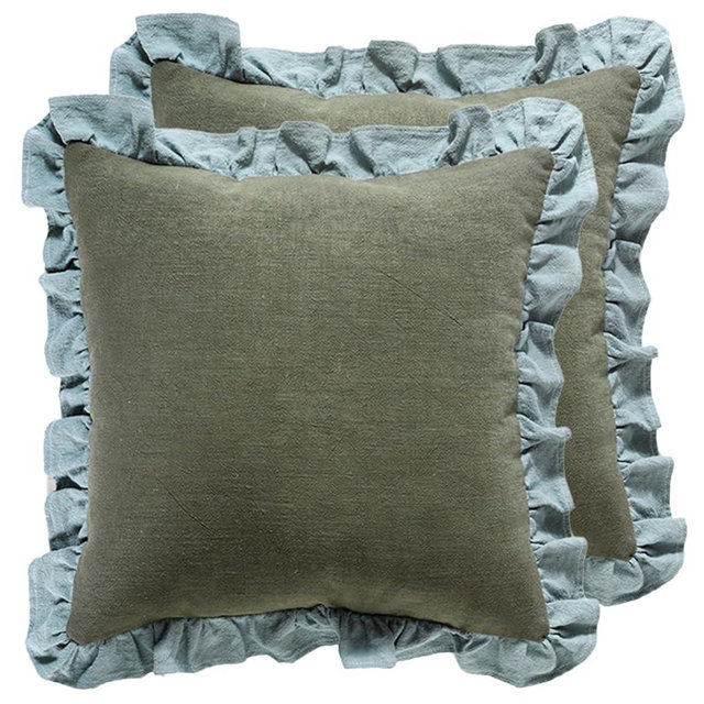 patdrea Green Decorative Throw Pillow Covers 22x22 Set of 2, Farmhouse Linen Pillow Covers with Ruffles, Square Sturdy Throw Pillow Case for Couch Sofa Bed Living Room